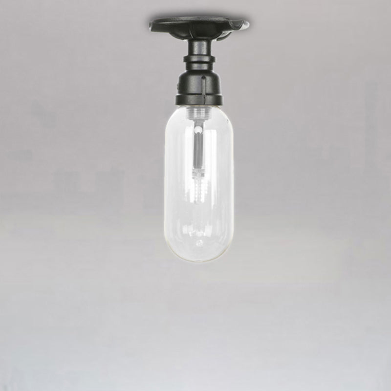 Capsule Corridor Semi Flush Light Industrial Clear Glass One Light Black Ceiling Lighting with Pipe Design