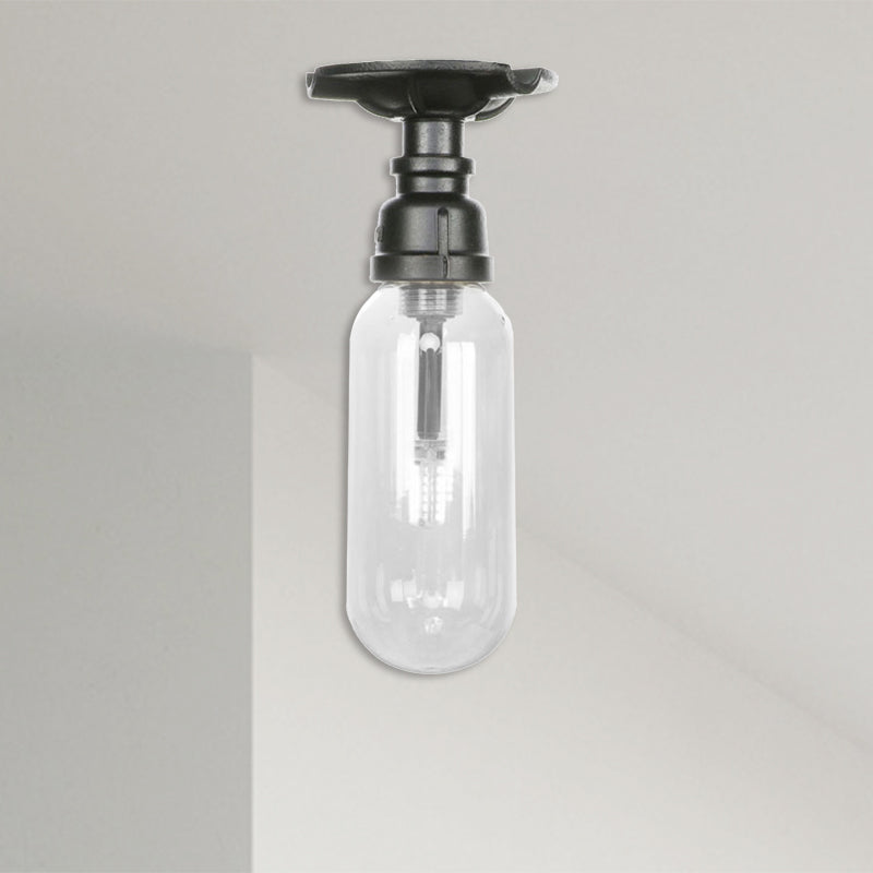 Capsule Corridor Semi Flush Light Industrial Clear Glass One Light Black Ceiling Lighting with Pipe Design