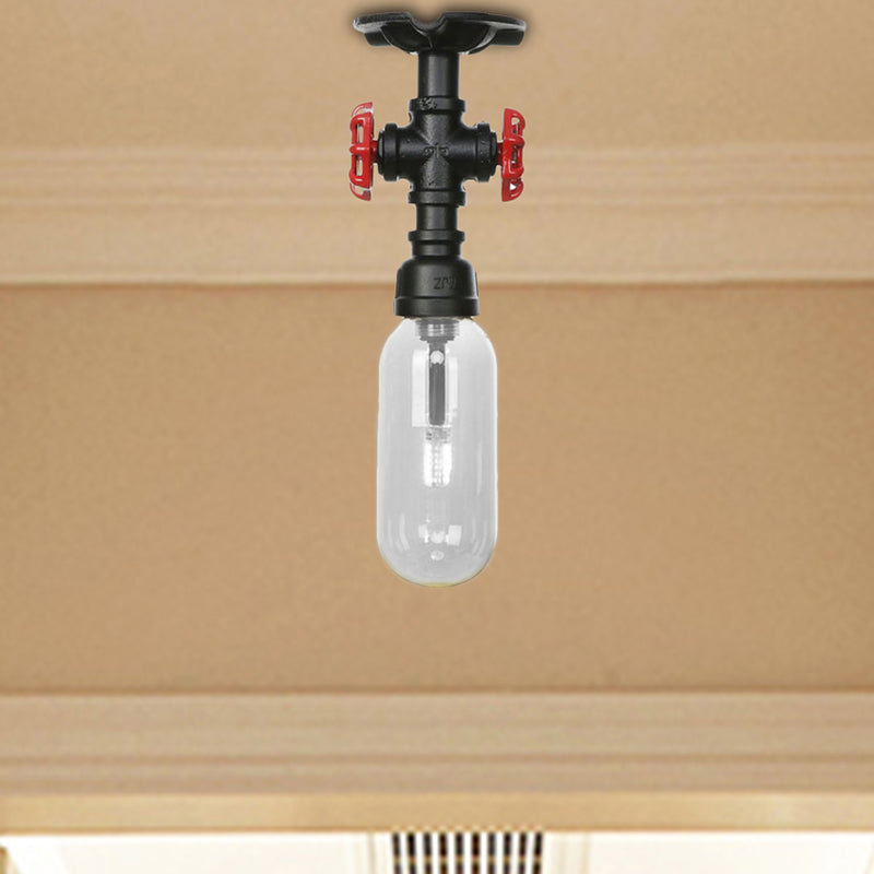 Capsule Corridor Semi Flush Light Industrial Clear Glass One Light Black Ceiling Lighting with Pipe Design