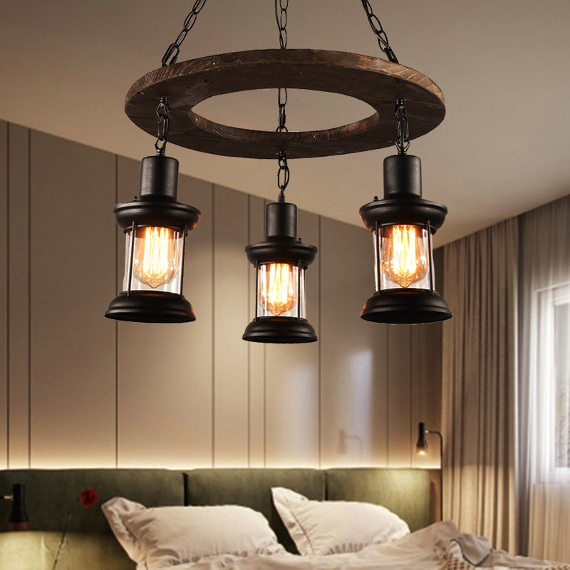 3/6-Bulb Ceiling Lamp with Lantern Shade Clear Glass Industrial Dining Room Chandelier Pendant Light in Black