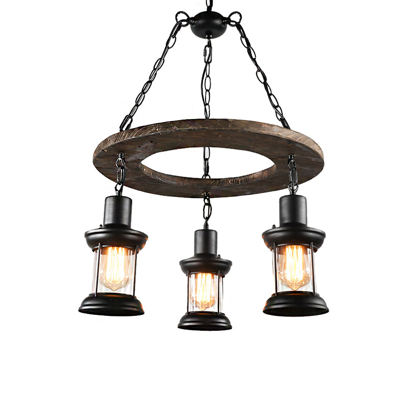 3/6-Bulb Ceiling Lamp with Lantern Shade Clear Glass Industrial Dining Room Chandelier Pendant Light in Black