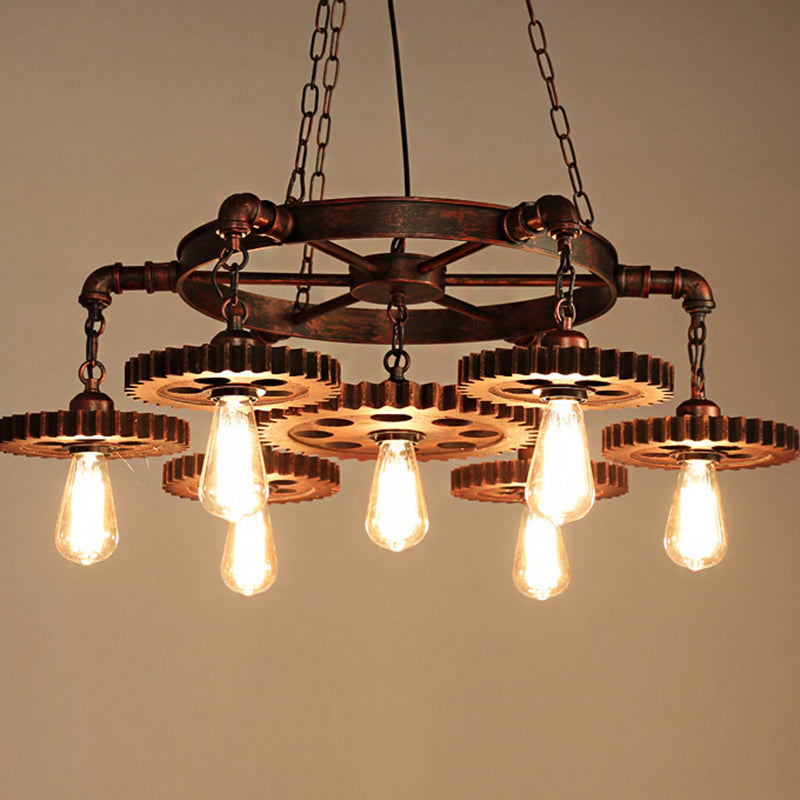 Antique Copper 7 Lights Chandelier Light Fixture Retro Industrial Metal Gear Shaped Pendant Lamp