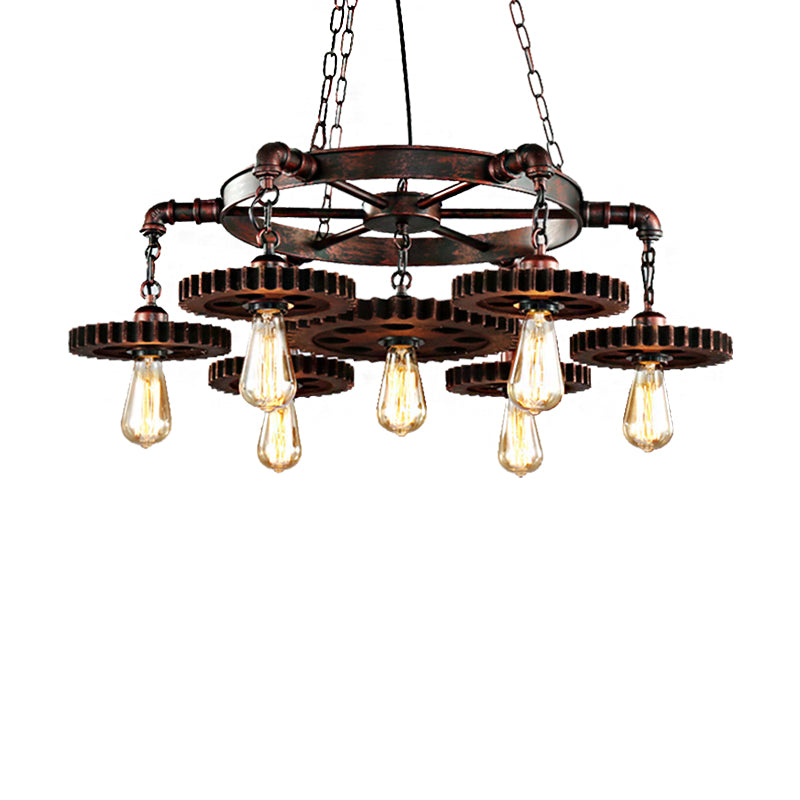 Antique Copper 7 Lights Chandelier Light Fixture Retro Industrial Metal Gear Shaped Pendant Lamp