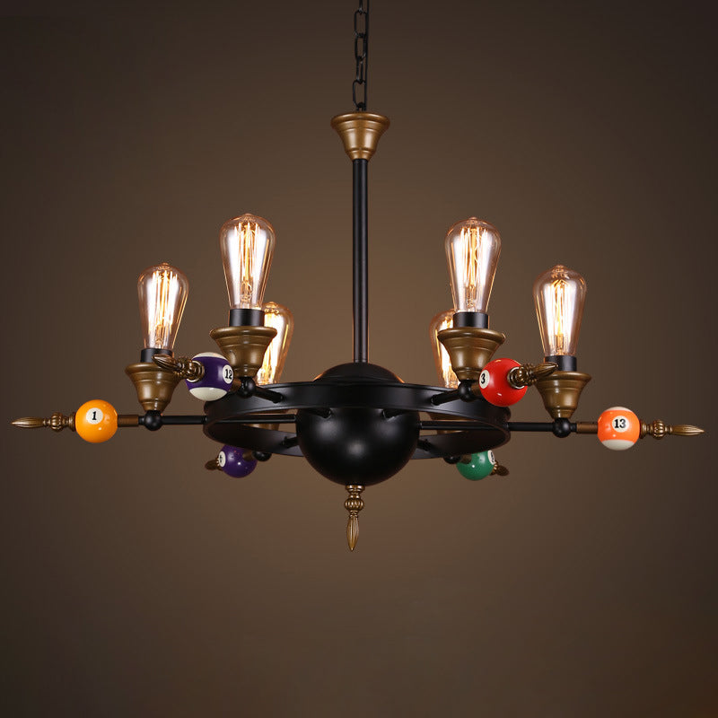 Exposed Bulb Metal Chandelier Lighting Industrial 4/6 Light Dining Room Pendant Lighting in Black with Wheel Shelf