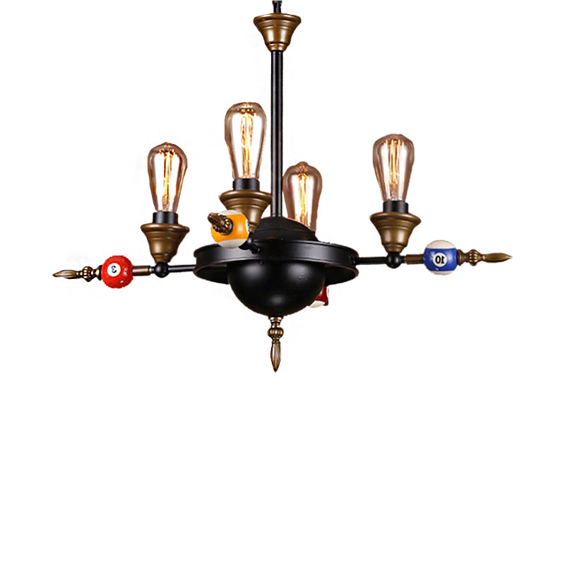 Exposed Bulb Metal Chandelier Lighting Industrial 4/6 Light Dining Room Pendant Lighting in Black with Wheel Shelf