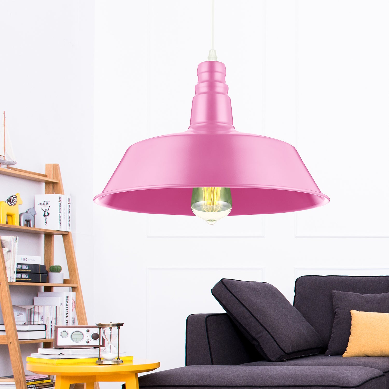 10/14 Inch Wide Barn Living Room Pendant Lighting Industrial Style Metal 1 Bulb Pink/Yellow Hanging Light with Adjustable Cord