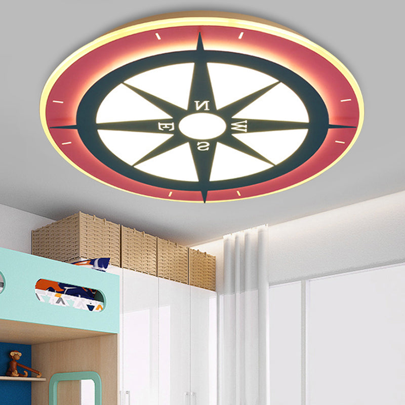 Cartoon Compass Led Flush Mount Light Kids Acryl plafondlamp in rood voor verpleegkamer