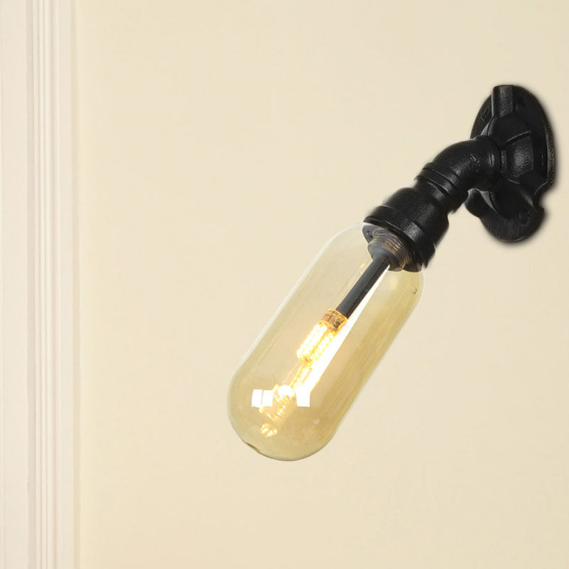 1 Bulb Capsule Sconce Lamp Black Industrial Metal and Amber Glass Wall Mounted Light for Indoor with Pipe