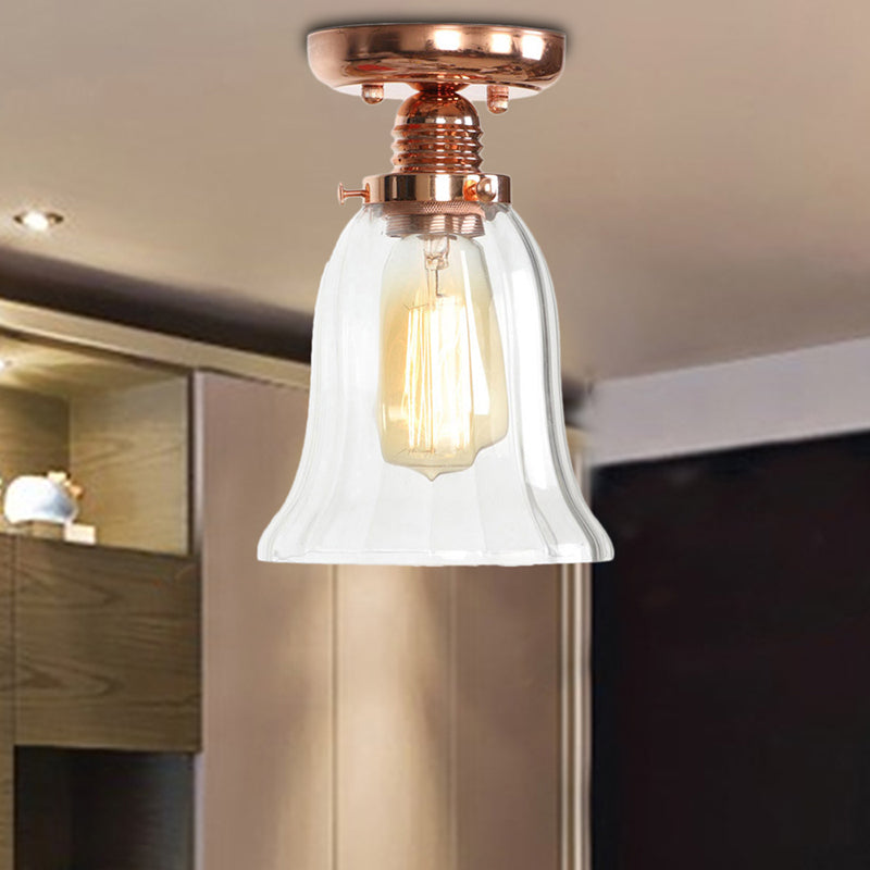 1 Light Ceiling Light Fixture with Cone/Barrel/Bell Shade Clear Glass Industrial Living Room Semi Flush in Copper