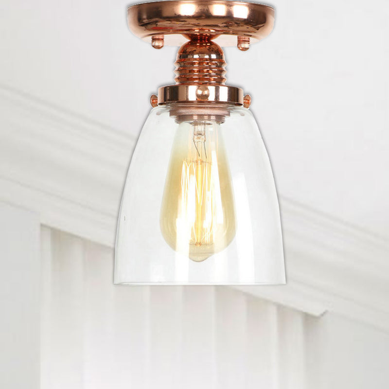 1 Light Ceiling Light Fixture with Cone/Barrel/Bell Shade Clear Glass Industrial Living Room Semi Flush in Copper