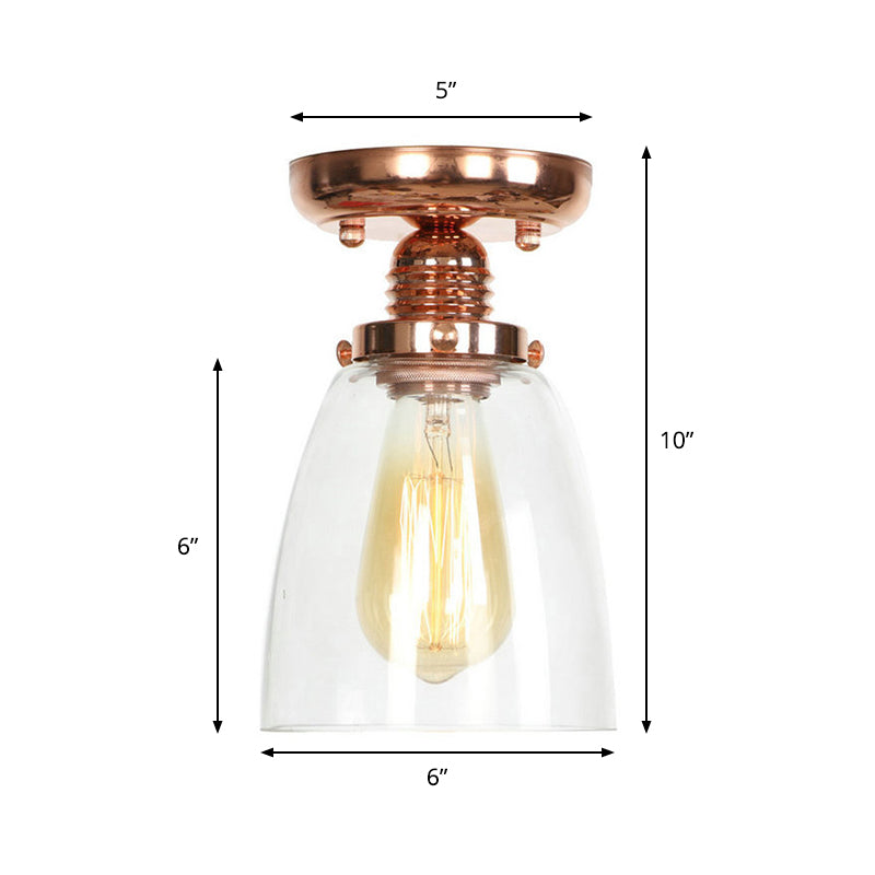 1 Light Ceiling Light Fixture with Cone/Barrel/Bell Shade Clear Glass Industrial Living Room Semi Flush in Copper