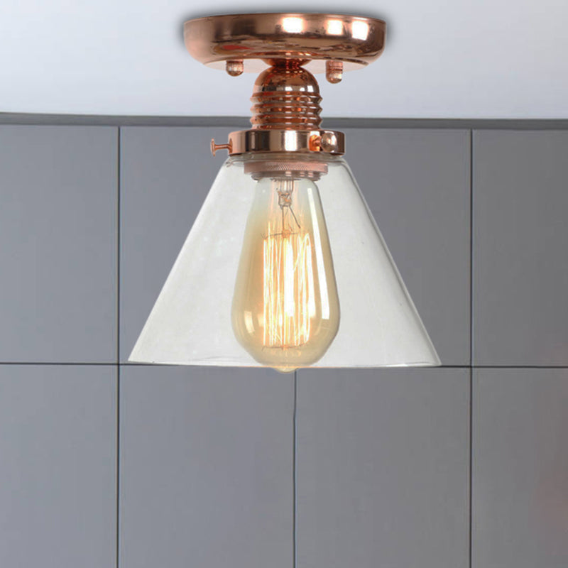 1 Light Ceiling Light Fixture with Cone/Barrel/Bell Shade Clear Glass Industrial Living Room Semi Flush in Copper