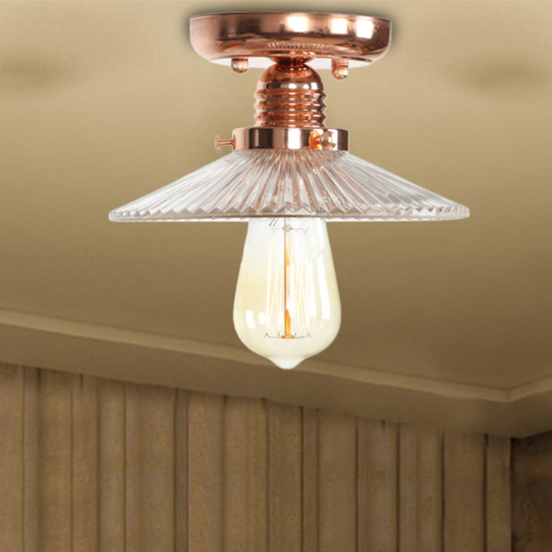 Single Bulb Semi Flush Mount Industrial Cone/Saucer/Wavy Frosted Glass Ceiling Light in Copper