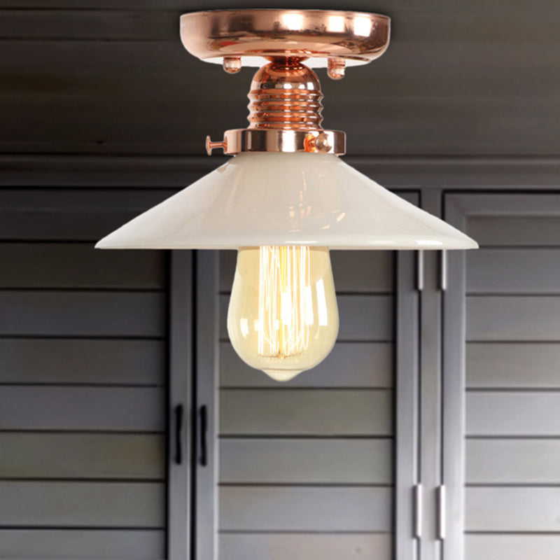 Single Bulb Semi Flush Mount Industrial Cone/Saucer/Wavy Frosted Glass Ceiling Light in Copper