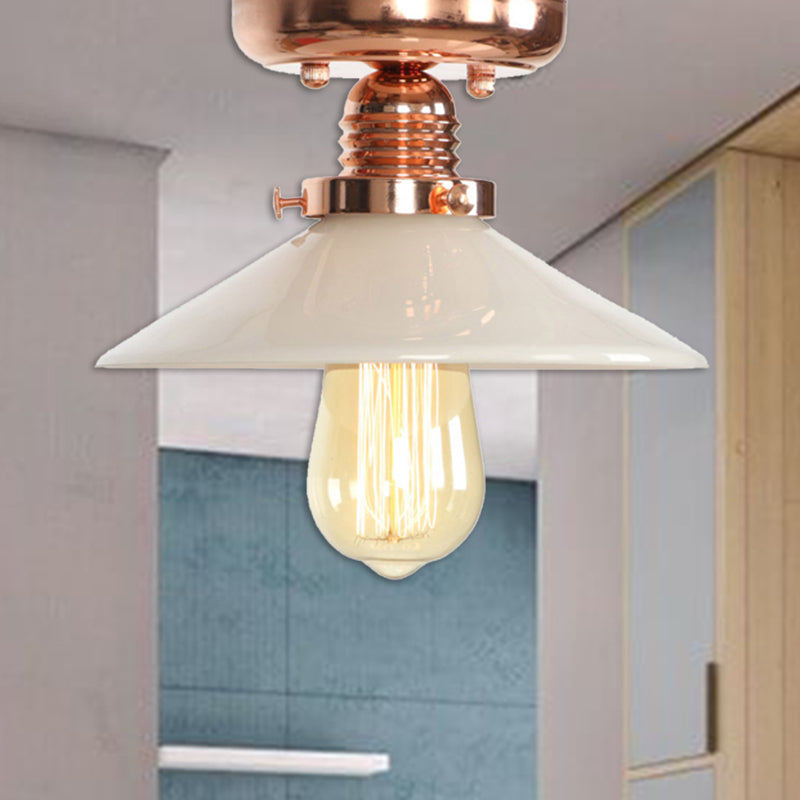 Single Bulb Semi Flush Mount Industrial Cone/Saucer/Wavy Frosted Glass Ceiling Light in Copper