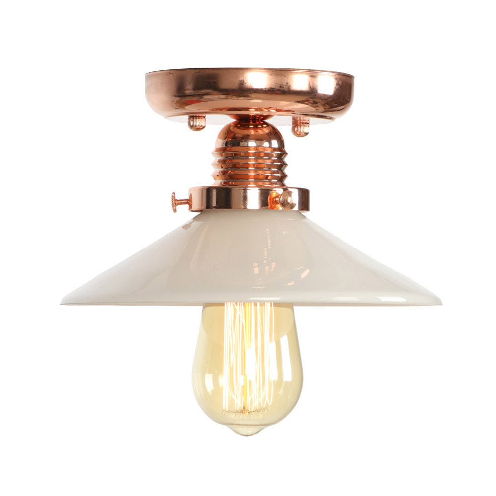 Single Bulb Semi Flush Mount Industrial Cone/Saucer/Wavy Frosted Glass Ceiling Light in Copper