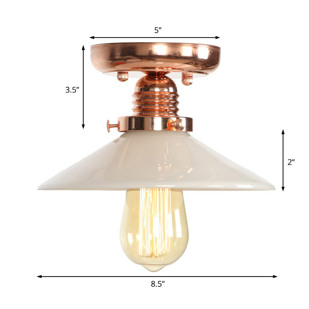 Single Bulb Semi Flush Mount Industrial Cone/Saucer/Wavy Frosted Glass Ceiling Light in Copper