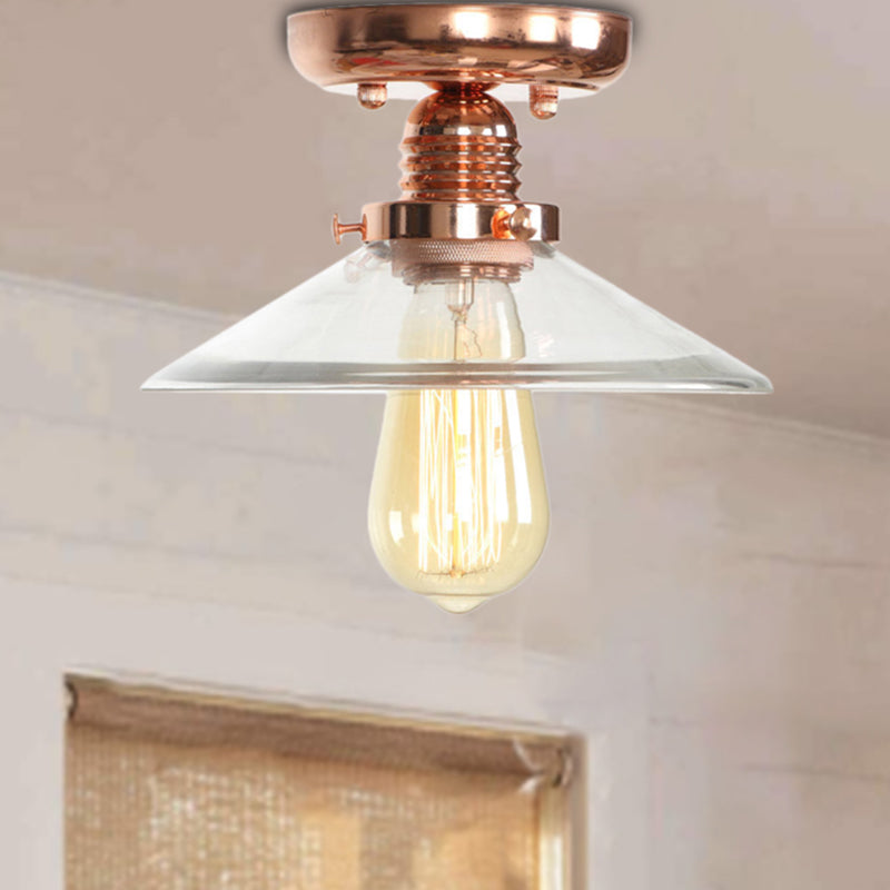 Single Bulb Semi Flush Mount Industrial Cone/Saucer/Wavy Frosted Glass Ceiling Light in Copper