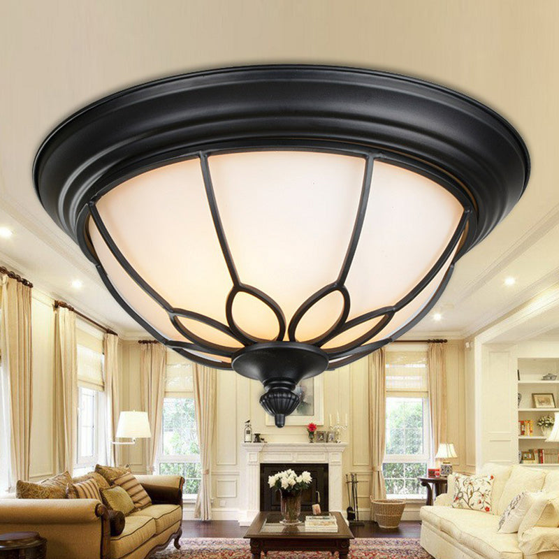 2 Bulbs Flush Mount Lighting Retro Floral Iron Flush Mount Ceiling Light with Bowl Opal Glass Shade in Black