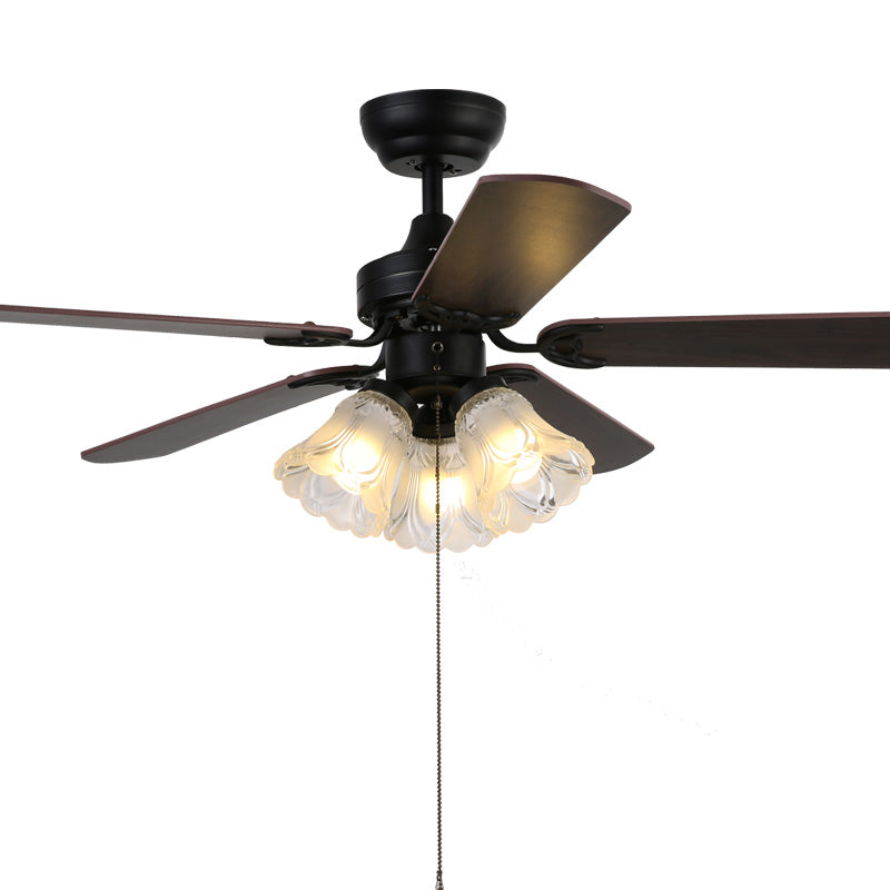 5 Blades Bell Frost Glass Semi Flush Mount Rustic 31.5" W 3 Heads Bedroom Pull Chain Ceiling Fan Light Fixture in Black