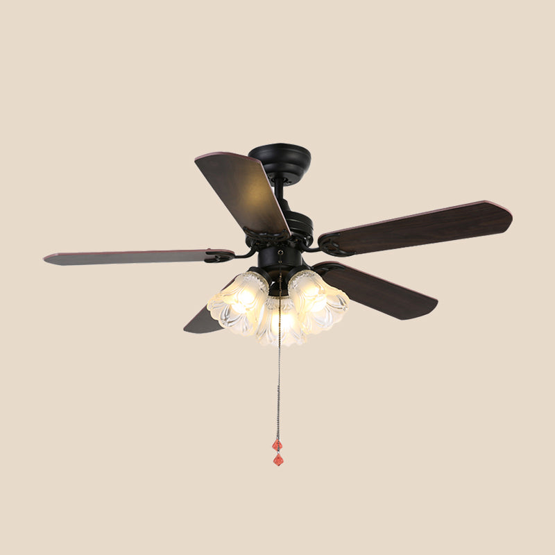 5 Blades Bell Frost Glass Semi Flush Mount Rustic 31.5" W 3 Heads Bedroom Pull Chain Ceiling Fan Light Fixture in Black