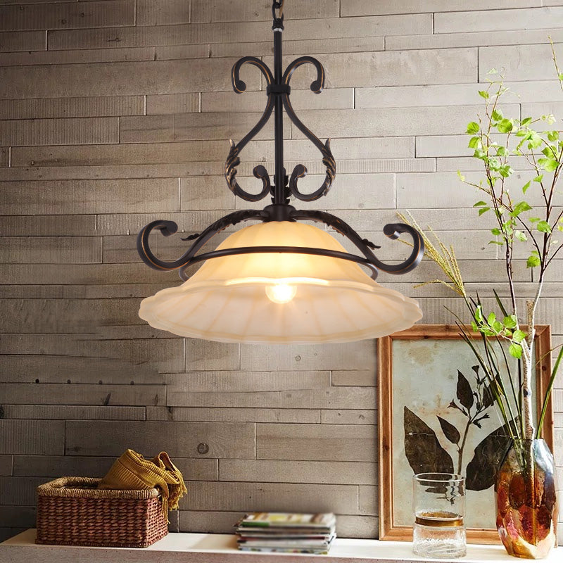 Curved Iron Suspension Lighting Classic 1 Head Dining Room Pendant Ceiling Light with Distressed White Glass Shade