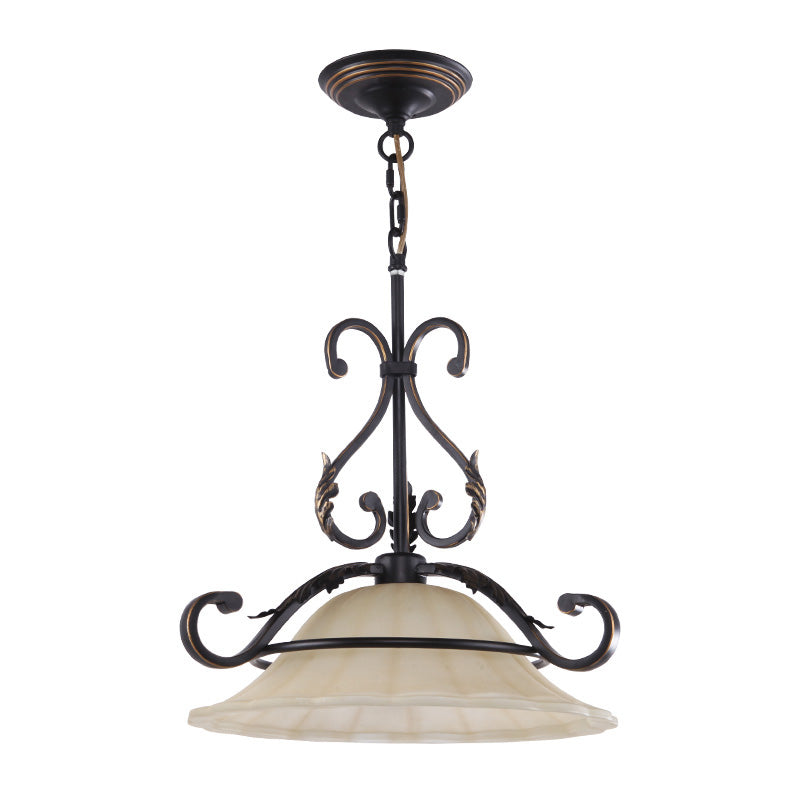 Curved Iron Suspension Lighting Classic 1 Head Dining Room Pendant Ceiling Light with Distressed White Glass Shade