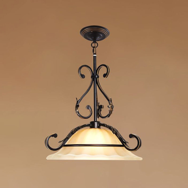 Curved Iron Suspension Lighting Classic 1 Head Dining Room Pendant Ceiling Light with Distressed White Glass Shade