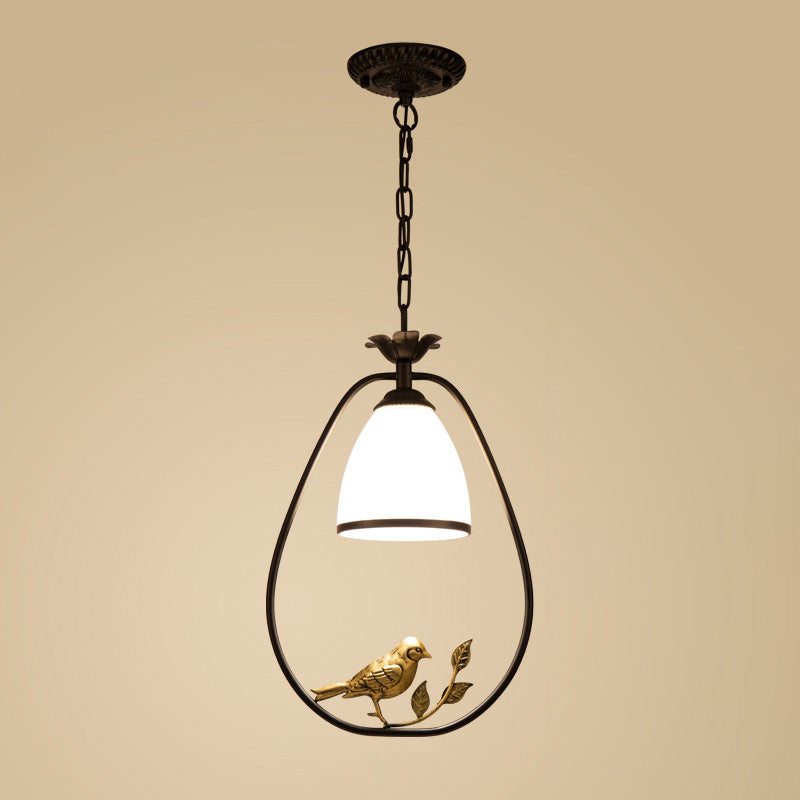 Cream Glass Bell Suspension Light Cottage Single Dining Room Pendant Ceiling Light with Bird Decor in Black