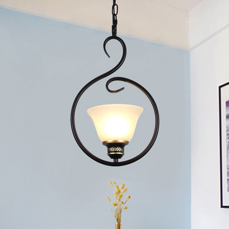 Black Bell Shade Ceiling Light Traditional Opal Glass 1 Head Dining Room Hooded Hanging Pendant Light