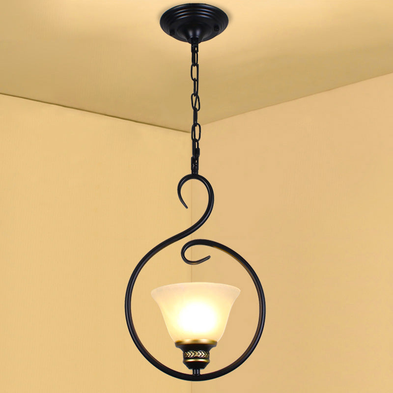 Black Bell Shade Ceiling Light Traditional Opal Glass 1 Head Dining Room Hooded Hanging Pendant Light