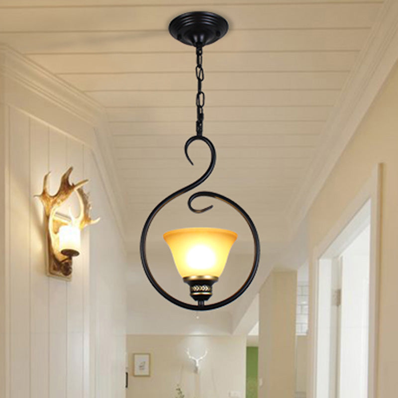 Black Bell Shade Ceiling Light Traditional Opal Glass 1 Head Dining Room Hooded Hanging Pendant Light