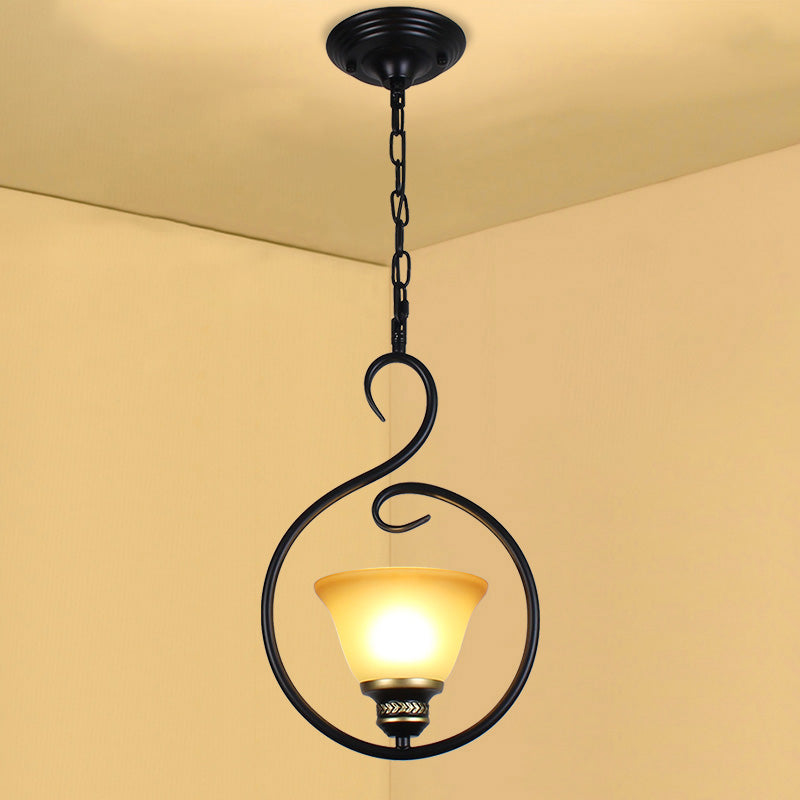 Black Bell Shade Ceiling Light Traditional Opal Glass 1 Head Dining Room Hooded Hanging Pendant Light