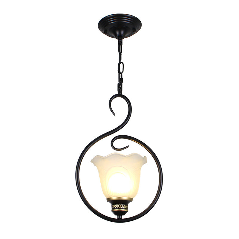 Black Bell Shade Ceiling Light Traditional Opal Glass 1 Head Dining Room Hooded Hanging Pendant Light