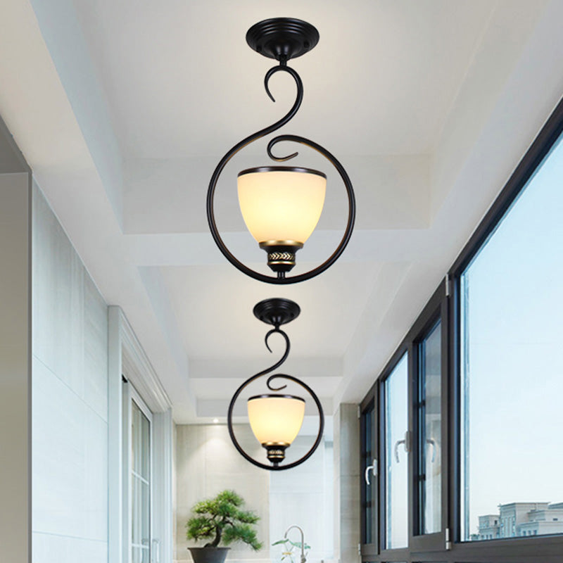 Black Bell Shade Ceiling Light Traditional Opal Glass 1 Head Dining Room Hooded Hanging Pendant Light