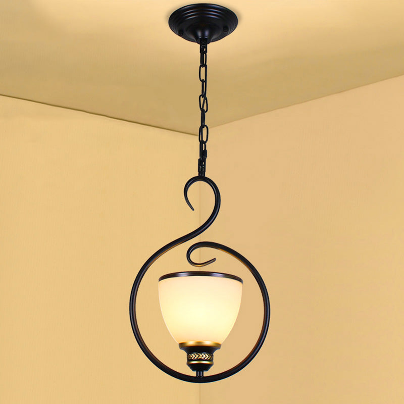 Black Bell Shade Ceiling Light Traditional Opal Glass 1 Head Dining Room Hooded Hanging Pendant Light