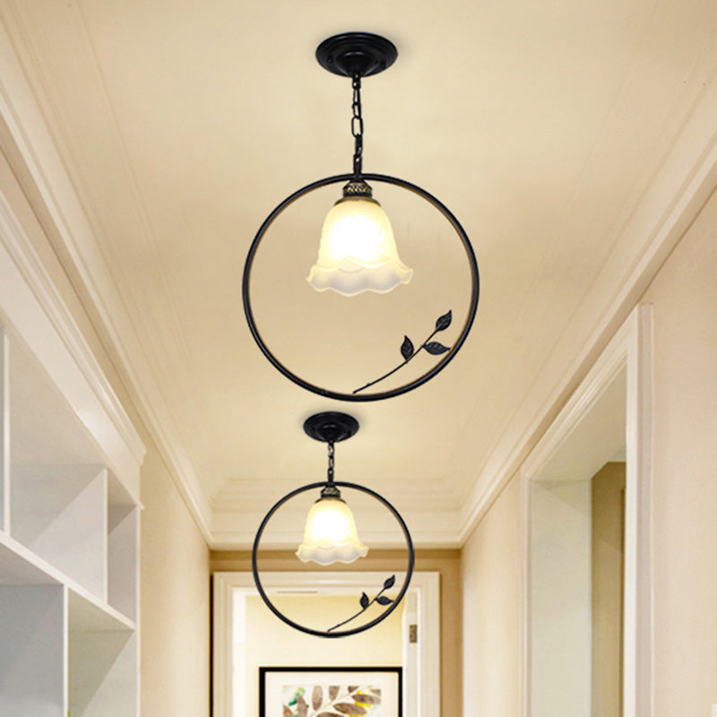 Single-Bulb Iron Pendant Light Vintage Black Ring Shaped Corridor Suspension Light Fixture with Frosted Glass Shade