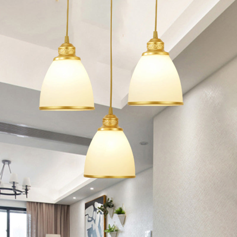 Traditional Bell Shade Multi Ceiling Light Cream Glass Suspension Lighting for Living Room