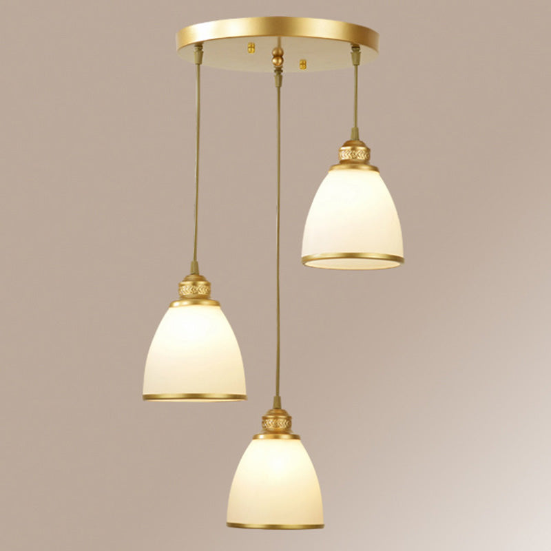 Traditional Bell Shade Multi Ceiling Light Cream Glass Suspension Lighting for Living Room