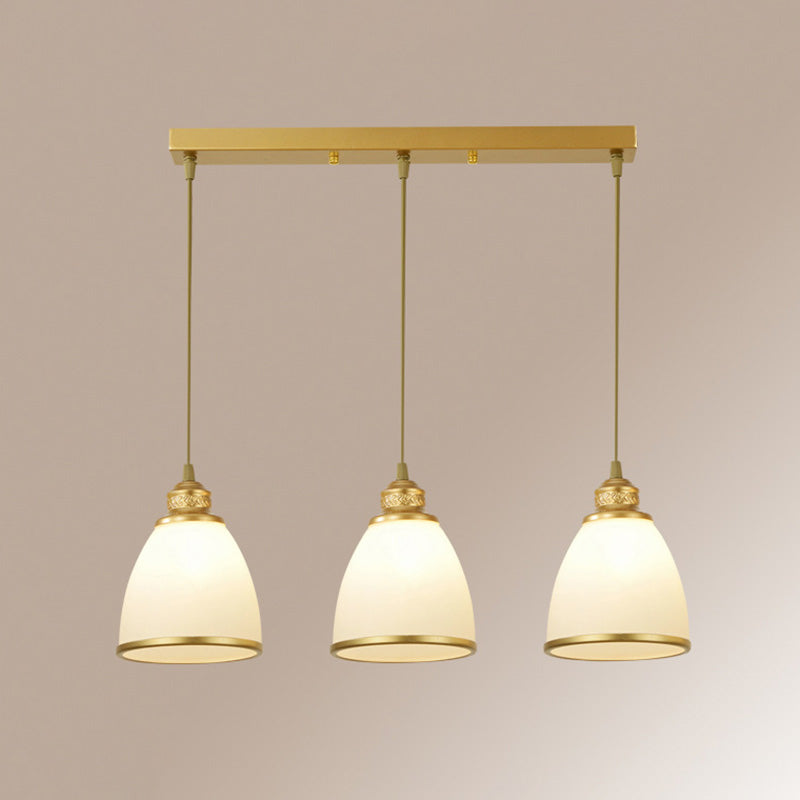 Traditional Bell Shade Multi Ceiling Light Cream Glass Suspension Lighting for Living Room