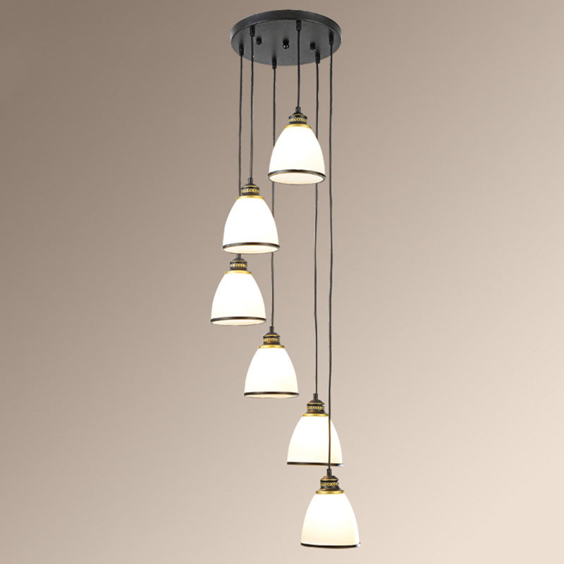 Traditional Bell Shade Multi Ceiling Light Cream Glass Suspension Lighting for Living Room