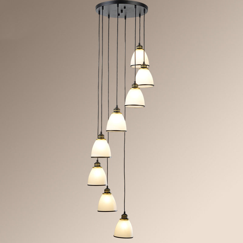 Traditional Bell Shade Multi Ceiling Light Cream Glass Suspension Lighting for Living Room