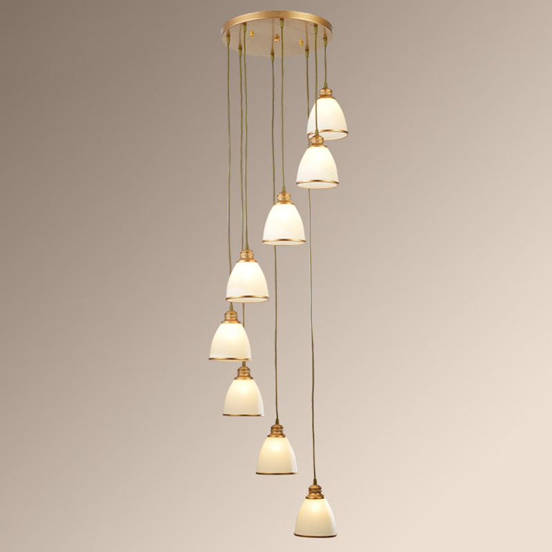 Traditional Bell Shade Multi Ceiling Light Cream Glass Suspension Lighting for Living Room