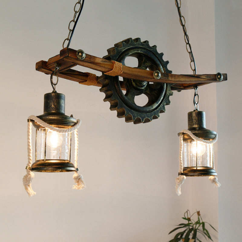 2 Lights Ceiling Light Coastal Kerosene Clear Glass Hanging Chandelier in Bronze with Gear