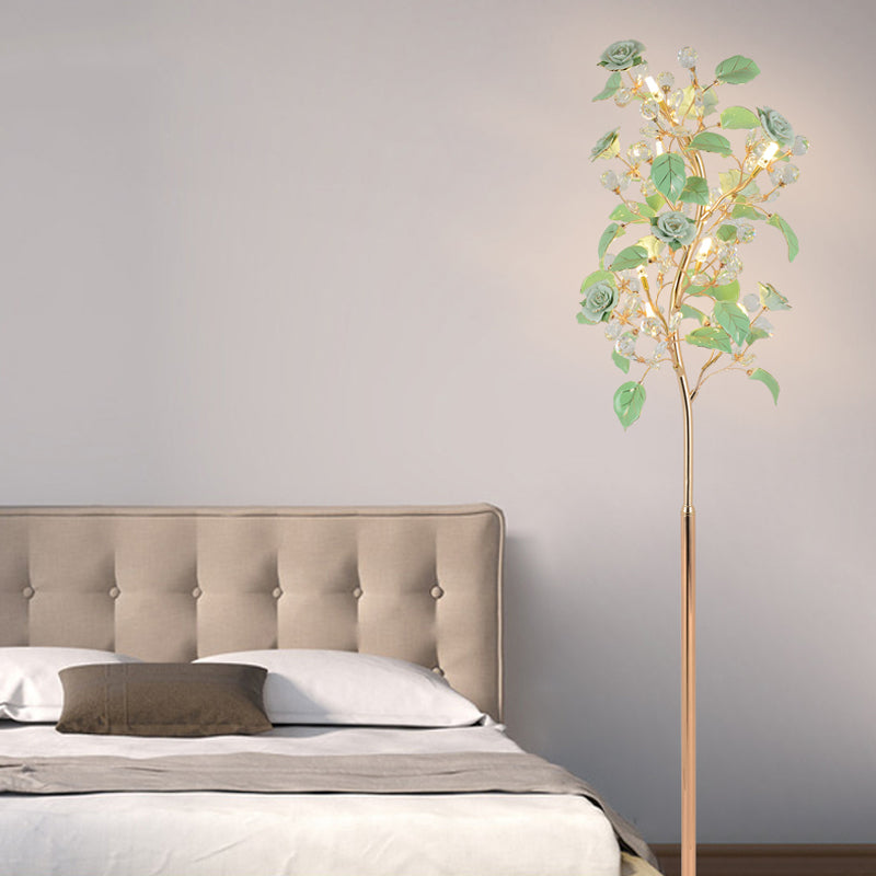 Lampada da pavimento a LED LED ROSA Ceramica soggiorno pastorale in piedi leggero con arredamento in cristallo in verde