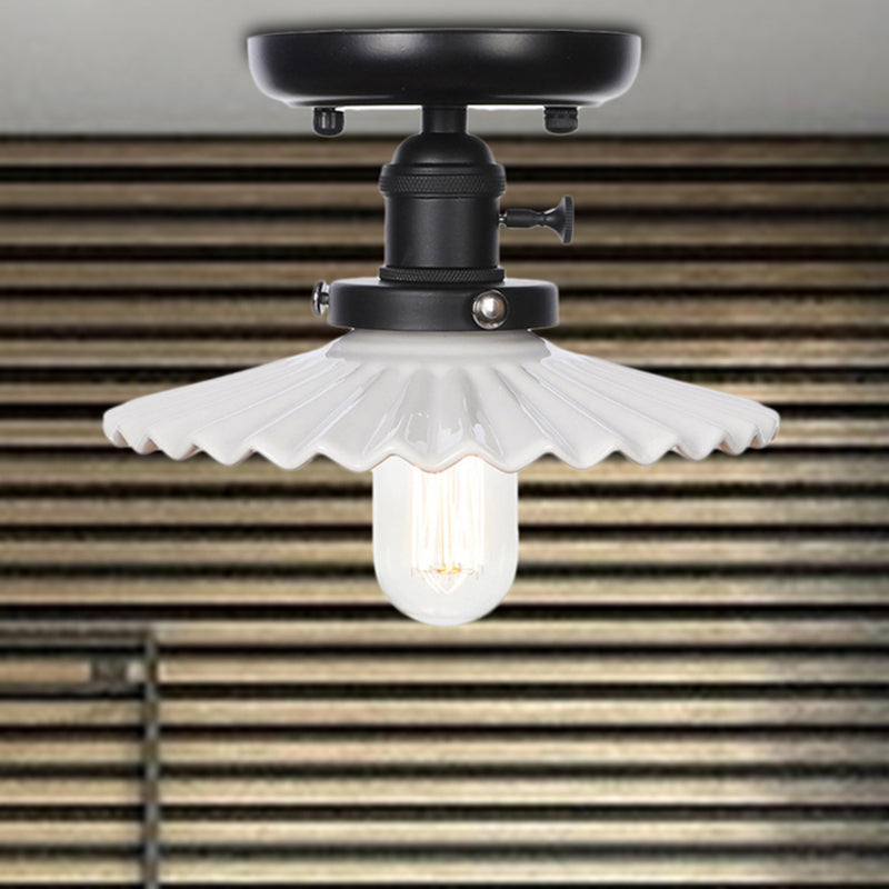 1 Lampada del soffitto leggero con cono/Saucer Metal Shade Industrial Dining Room Semi Flush in chiaro/Bianco