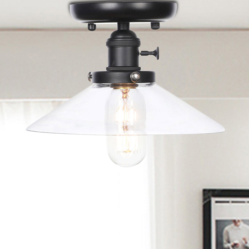 1 Light Ceiling Light Fixture with Cone/Saucer Metal Shade Industrial Dining Room Semi Flush in Clear/White