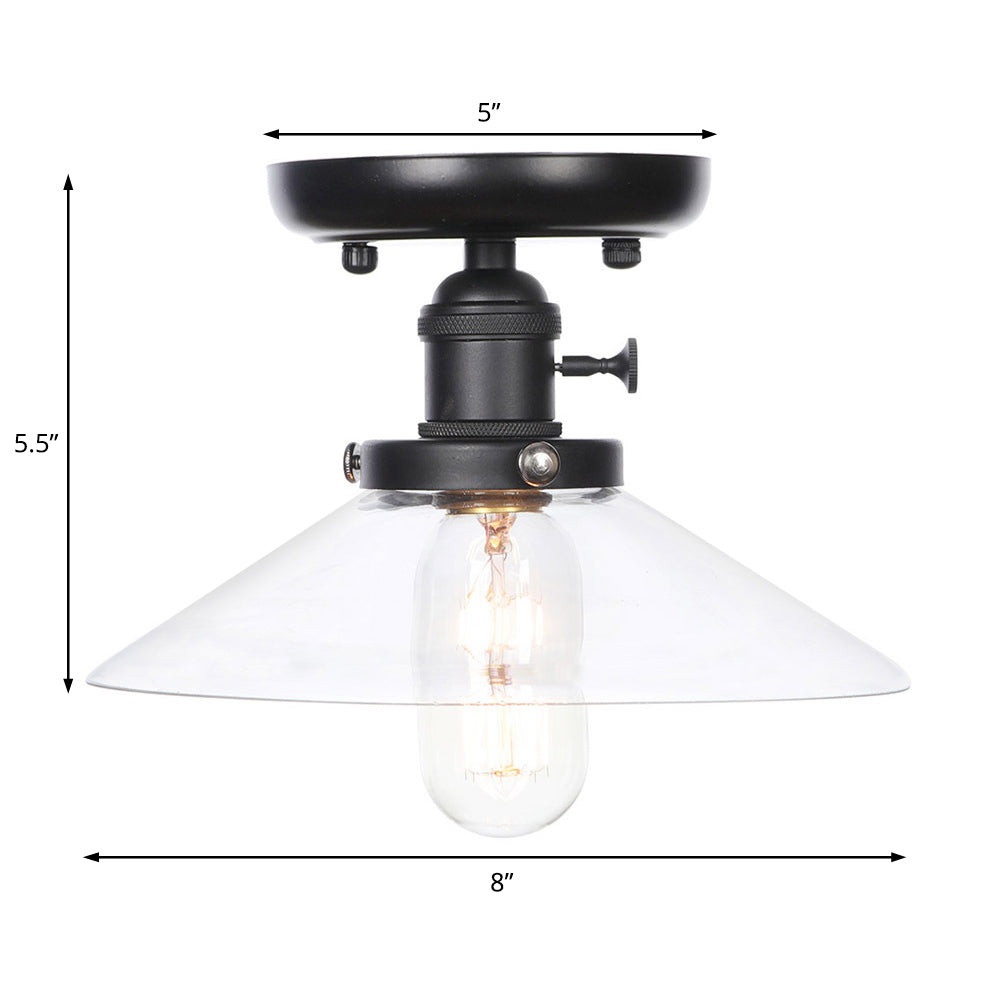 1 Light Ceiling Light Fixture with Cone/Saucer Metal Shade Industrial Dining Room Semi Flush in Clear/White