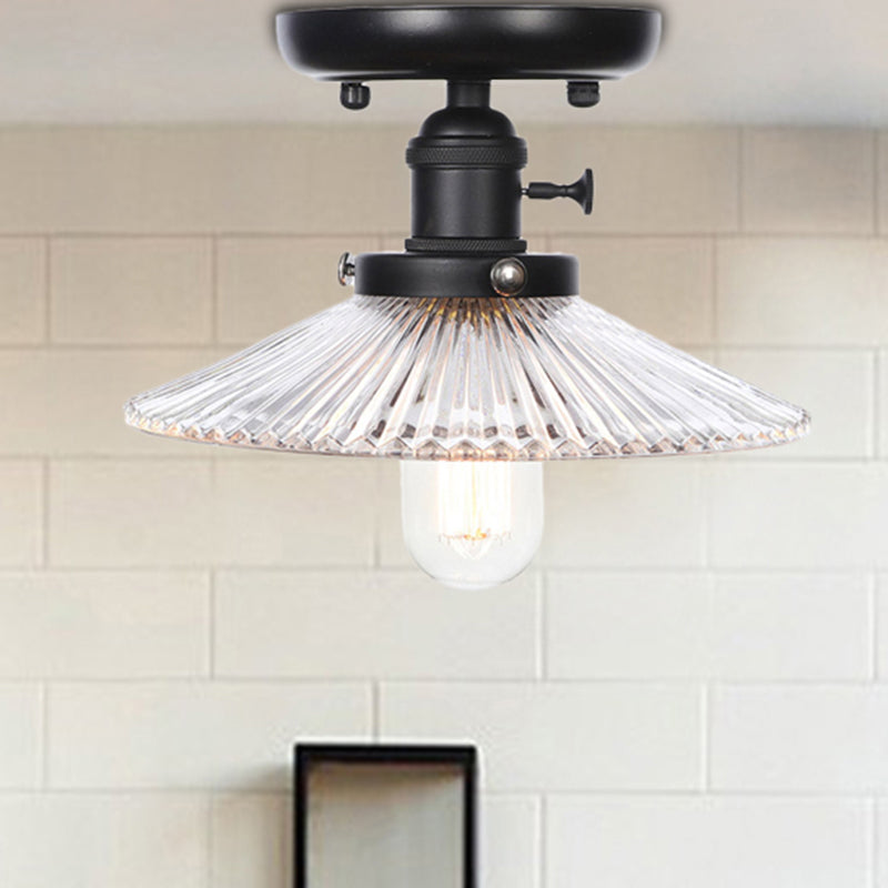 1 Light Ceiling Light Fixture with Cone/Saucer Metal Shade Industrial Dining Room Semi Flush in Clear/White