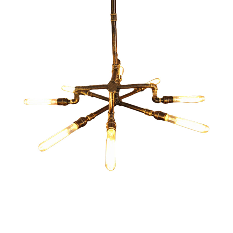 Bronze 8 Lights Chandelier Lamp Farmhouse Style Wrought Iron Pipe Ceiling Light with Rod for Indoor